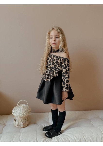 Kız Çocuk Fiyonk Modelli Düşük Omuz Leopar Badili Etekli Takım