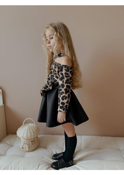 Kız Çocuk Fiyonk Modelli Düşük Omuz Leopar Badili Etekli Takım fiyatları