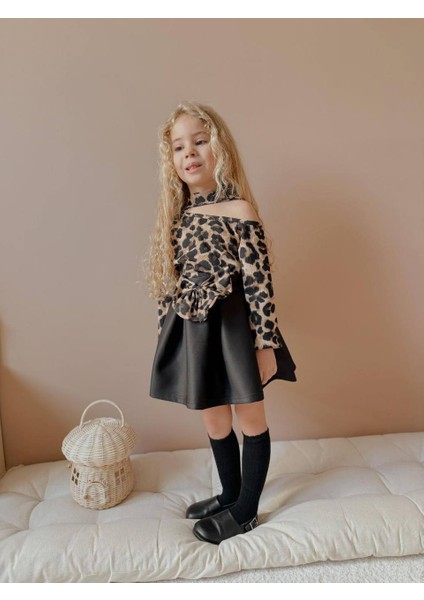 Kız Çocuk Fiyonk Modelli Düşük Omuz Leopar Badili Etekli Takım modelleri