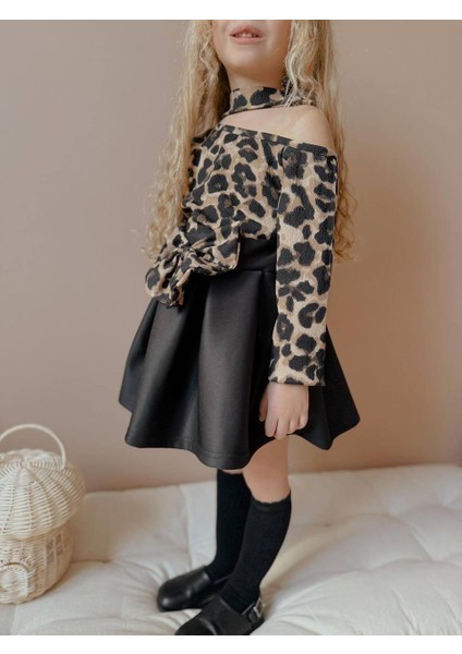 Kız Çocuk Fiyonk Modelli Düşük Omuz Leopar Badili Etekli Takım fırsatları