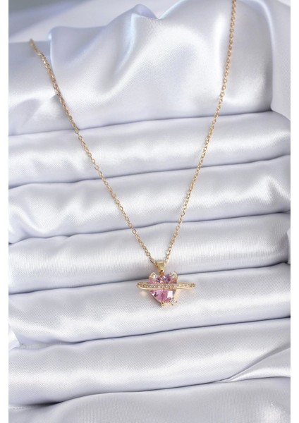 316L Çelik Özel Seri Gold Renk Zincir Pembe Kristal Kalp Model Zirkon Taş Detay Kadın Kolye