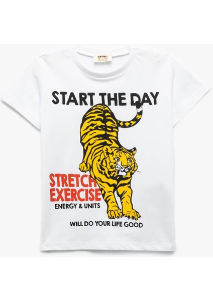 Pamuklu Kaplan Baskılı Bisiklet Yaka Kısa Kollu Beyaz Erkek Çocuk T-Shirt 5SKB10314TK
