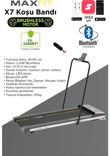 Voit Garantili Maxfit X7 Uzaktan Kumandalı Bluetoothlu Brushless Motorlu Koşu Bandı 110 kg