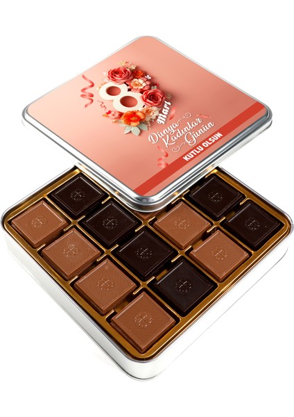 Kadınlar Günü Hediyesi 64 Adet Sütlü Bitter Madlen Çikolata (Metal Kutu) Pembe