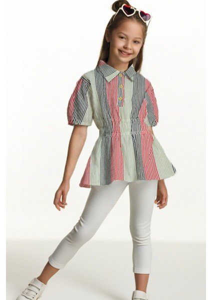 Çizgili Beli Gipeli Kız Çocuk Gömlek Tunik Elbise