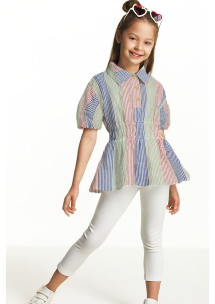 Çizgili Beli Gipeli Kız Çocuk Gömlek Tunik Elbise
