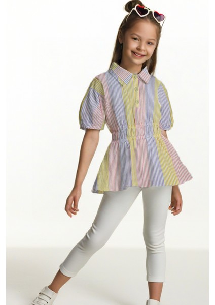 Çizgili Beli Gipeli Kız Çocuk Gömlek Tunik Elbise