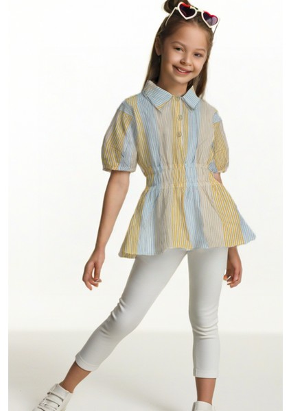 Çizgili Beli Gipeli Kız Çocuk Gömlek Tunik Elbise