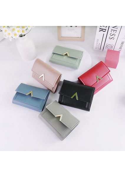 Yeni Stil Bayan Öğrenci Cüzdanı Kore Tarzı Moda V Şeklinde Üç Katlı Toka Pu Cüzdan Küçük Cüzdan Para Çantası Kartı (Yurt Dışından)