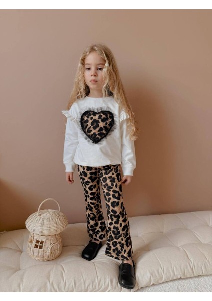 Kız Çocuk Kalp Modelli Tül Detaylı Leopar Ispanyol Paça Taytlı Takım