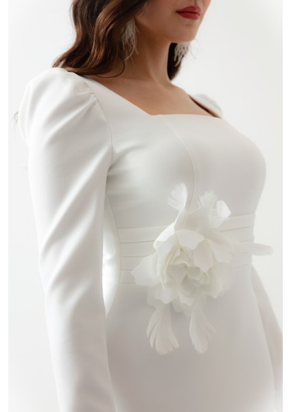 Kadın Beyaz Gül Detaylı Uzun Kol Söz Nişan Nikah Abiye Elbise fırsatları