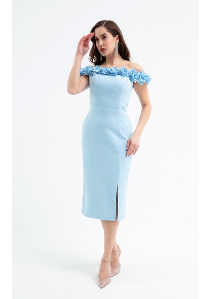 Kadın Bebe Mavi Yakası Çiçekli Incili Söz Nişan Nikah Abiye Elbise