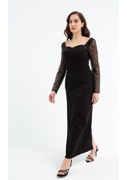 Kadın Siyah Kalp Yaka Kolları Payetli Midi Söz Nişan Nikah Abiye Elbise