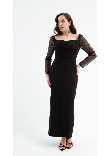 Kadın Siyah Kalp Yaka Kolları Payetli Midi Söz Nişan Nikah Abiye Elbise fiyatları
