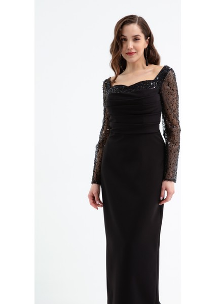 Kadın Siyah Kalp Yaka Kolları Payetli Midi Söz Nişan Nikah Abiye Elbise modelleri