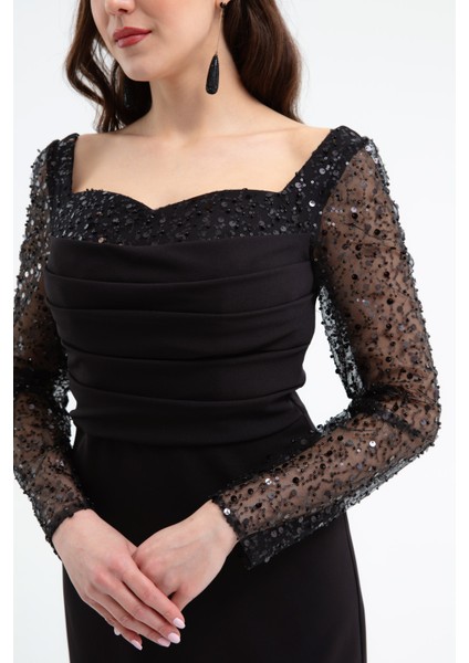 Kadın Siyah Kalp Yaka Kolları Payetli Midi Söz Nişan Nikah Abiye Elbise fırsatları