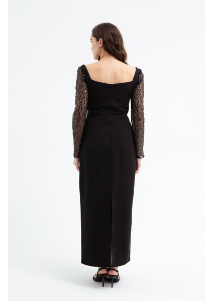 Kadın Siyah Kalp Yaka Kolları Payetli Midi Söz Nişan Nikah Abiye Elbise indirimleri