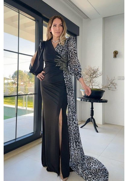 G1296 Leopar Detaylı Tasarım Abiye Elbise Gri