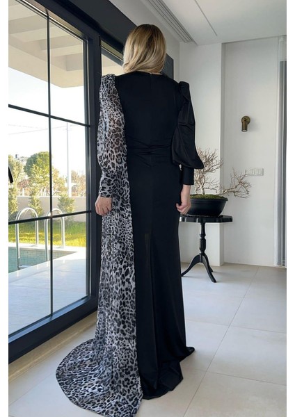 G1296 Leopar Detaylı Tasarım Abiye Elbise Gri