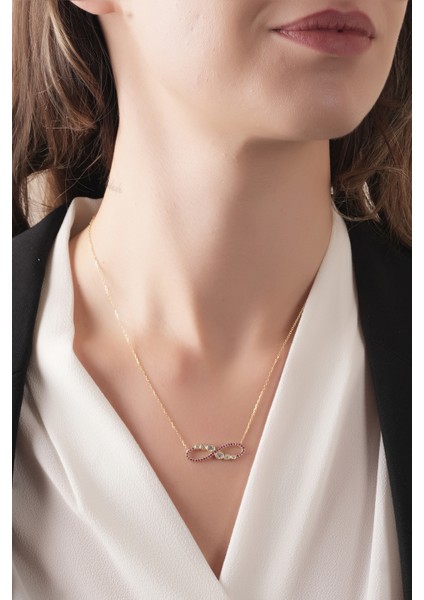 925 Ayar Gümüş Gold Kaplamalı Ruby Taşlı Süzme Sonsuzluk Modeli Gümüş Kolye