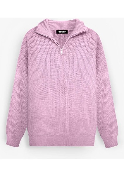 Oversize Yarım Fermuarlı Kazak Pembe