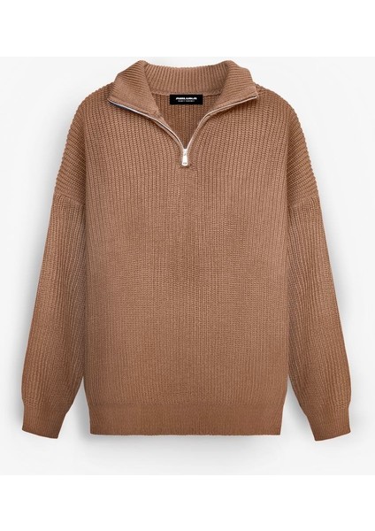 Erkek Oversize Yarım Fermuarlı Kazak Kahve