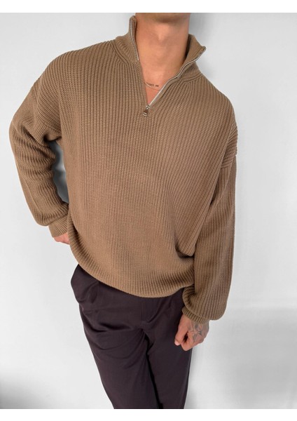 Erkek Oversize Yarım Fermuarlı Kazak Kahve fiyatları