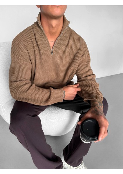 Erkek Oversize Yarım Fermuarlı Kazak Kahve fırsatları