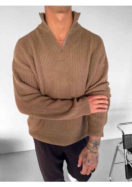 Erkek Oversize Yarım Fermuarlı Kazak Kahve indirimleri