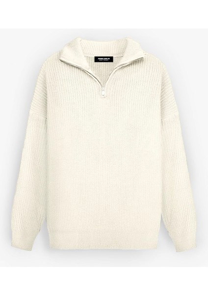 Oversize Yarım Fermuarlı Kazak Bej