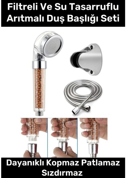 Paslanmaz Filtreli Su Tasarruflu Arıtmalı Duş Başlığı Doğal Taş Boncuklu Başlık Hortum Mafsal Seti