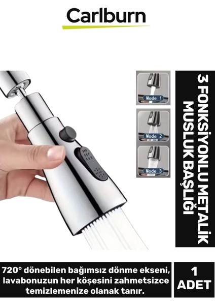 Premium 720 Derece Dönebilen Kaliteli Şık Lavabo Mutfak Banyo 3 Fonksiyonlu Metalik Musluk Başlığı