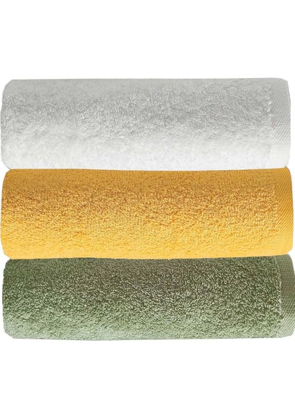 3 lü Düz Renk El Yüz Havlu Seti %100 Pamuklu 50x90 Cm Yeşil Sarı Beyaz