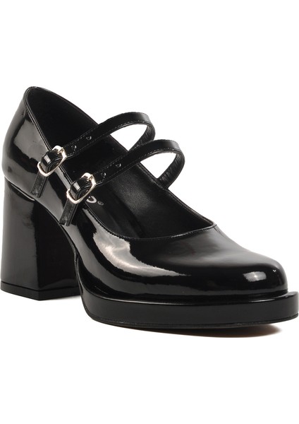 Siyah Rugan Kalın Topuk Kadın Topuklu Ayakkabı