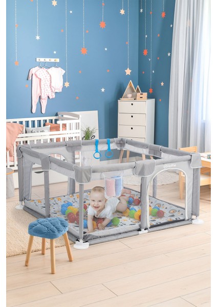 Playard Güvenli Bebek ve Çocuk Oyun Alanı Oyun Parkı 120X120 Oyun Matı Topları ve Yataklı