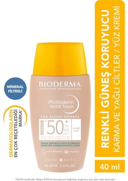 Photoderm Nude Touch SPF50+ Light Karma Yağlı Ciltler Kapatıcı Etkili Renkli Güneş Kremi 40 ml