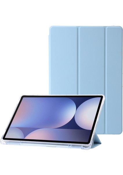 Samsung Galaxy Tab S10+ Kılıf Üç Katlı Standlı Deri+Tpu+Akrilik Şeffaf Arkalı Tablet Kılıfı-Bebek Mavisi
