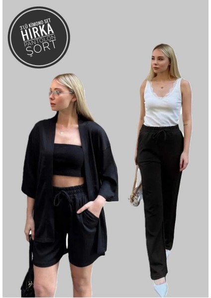 Kadın 3'lü Set Düz Renk Rahat Kesim Kimono Şort Takım Tek Pantolon Set