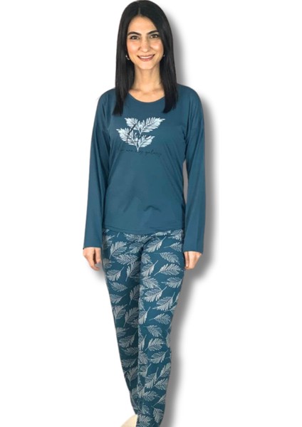 Kadın Pamuklu Viscon Yaprak Desenli Pijama Takımı (Petrol Y.)