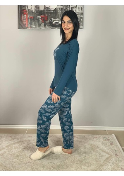 Kadın Pamuklu Viscon Yaprak Desenli Pijama Takımı (Petrol Y.)
