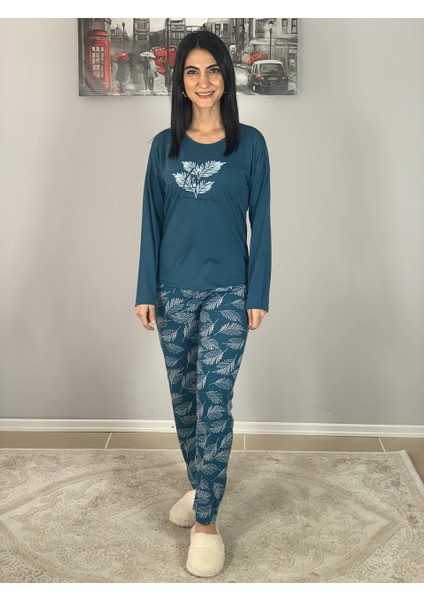 Kadın Pamuklu Viscon Yaprak Desenli Pijama Takımı (Petrol Y.)
