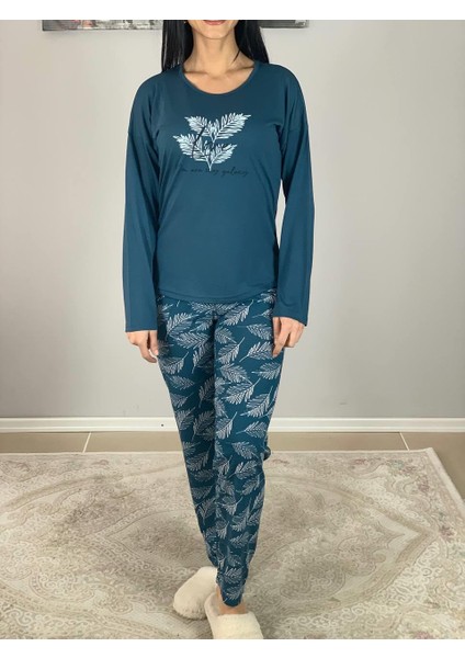 Kadın Pamuklu Viscon Yaprak Desenli Pijama Takımı (Petrol Y.)