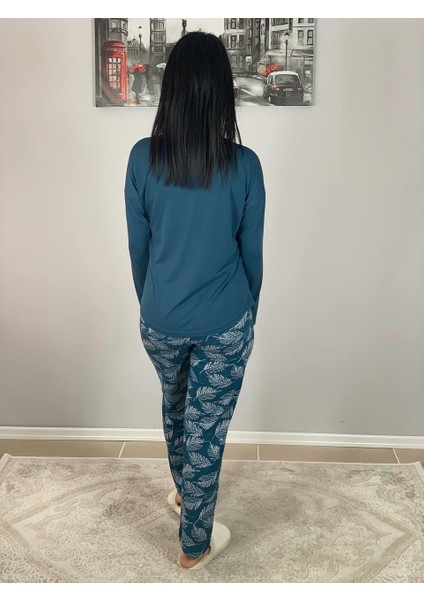 Kadın Pamuklu Viscon Yaprak Desenli Pijama Takımı (Petrol Y.)