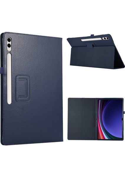 Samsung Galaxy Tab S10 Ultra Kılıf Çift Katlı Standlı Deri Tablet Kapak Litchi Doku-Koyu Mavi