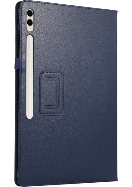 Samsung Galaxy Tab S10 Ultra Kılıf Çift Katlı Standlı Deri Tablet Kapak Litchi Doku-Koyu Mavi