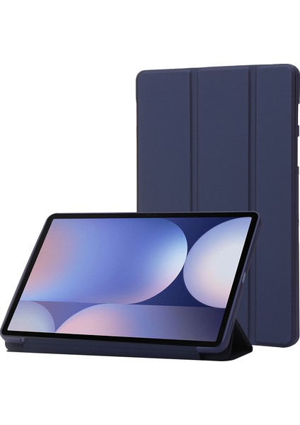 Samsung Galaxy Tab S10+ Kılıf Pu Deri+Silikon Üç Katlı Standlı Tablet Kılıfı-Koyu Mavi