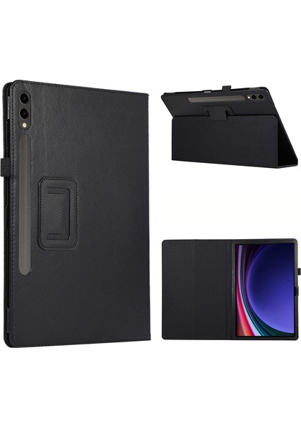 Samsung Galaxy Tab S10+ Kılıf Ikiye Katlanır Standlı Deri Tablet Kapak Litchi Doku-Siyah