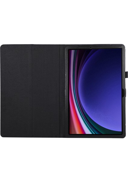 Samsung Galaxy Tab S10+ Kılıf Ikiye Katlanır Standlı Deri Tablet Kapak Litchi Doku-Siyah