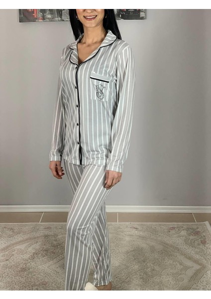 Kadın Pamuklu Viscon Bebe Yaka V. Secret Çizgili Pijama Takımı (Gri)