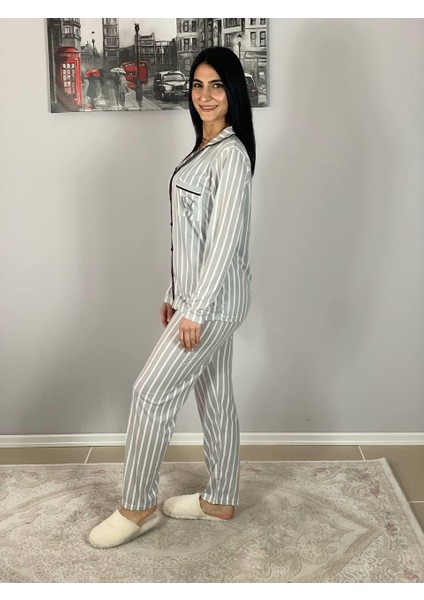 Kadın Pamuklu Viscon Bebe Yaka V. Secret Çizgili Pijama Takımı (Gri)